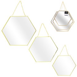 Grossiste miroir hexagonal x3 tailles avec finition en or