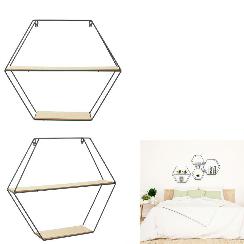 Grossiste étagère bois métal hexagonale 46x10x40cm Grossiste étagère bois métal hexagonale 46x10x40cm