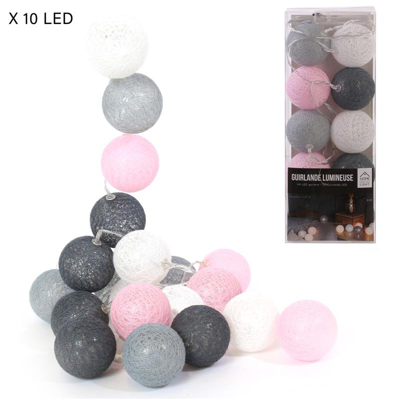 Grossiste guirlande aux boules rose, blanches, gris clair et gris foncé 10  LED - 1m75