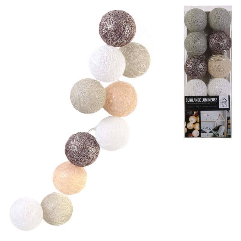 Grossiste guirlande 10 LED aux boules vertes, blanches, taupes et marron - 4x192cm