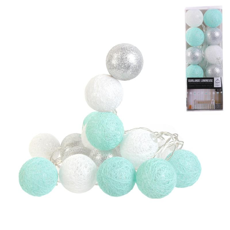 Grossiste guirlande 20 LED aux boules blanches, bleues et argentées - 4x372cm