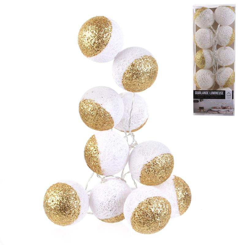 Grossiste guirlande 10 LED aux boules blanches et dorées - 6x192cm