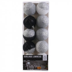 Grossiste guirlande 10 LED aux boules noires, blanches et argentées - 6x192cm