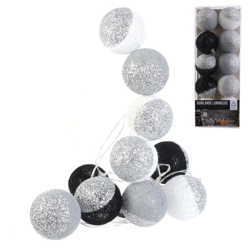 Grossiste guirlande 10 LED aux boules noires, blanches et argentées - 6x192cm