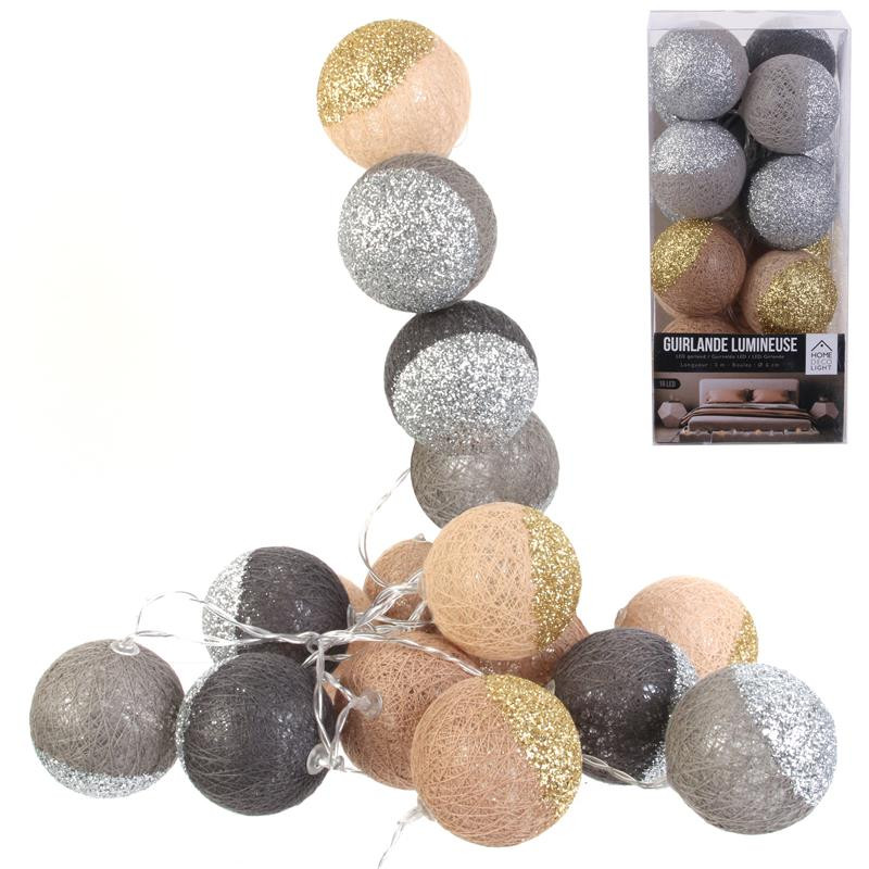 Grossiste guirlande 16 LED aux boules marron et grises pailletées - 6x300cm