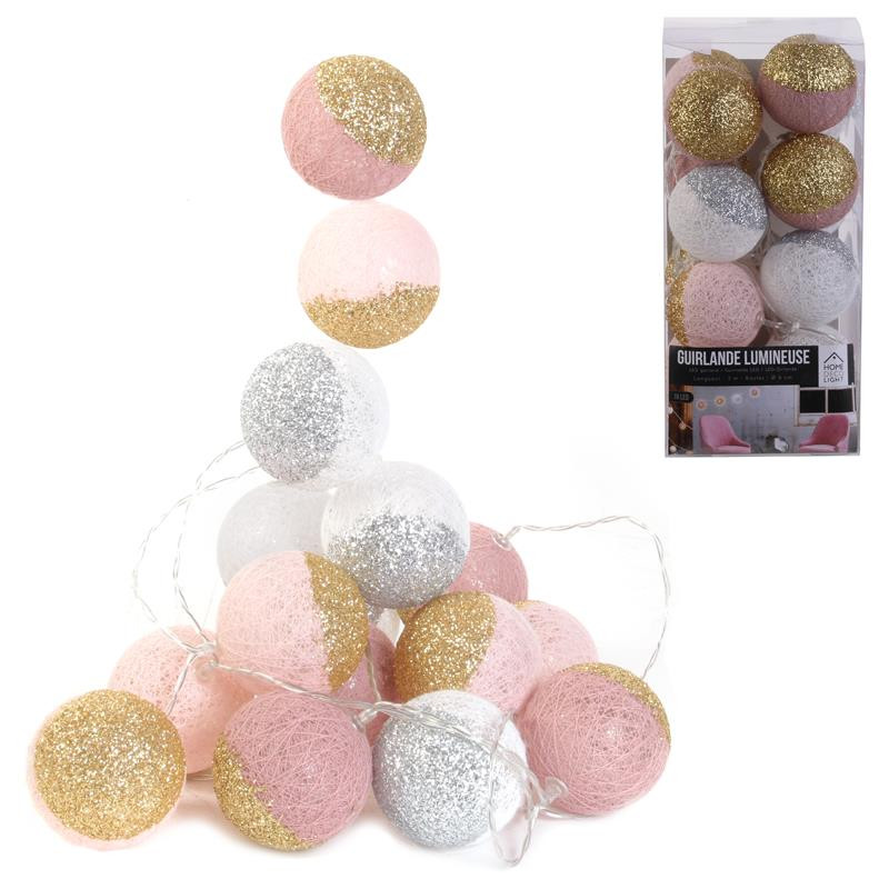 Grossiste guirlande 16 LED aux boules rose et blanches pailletées - 6x300cm