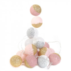 Grossiste guirlande 16 LED aux boules rose et blanches pailletées - 6x300cm