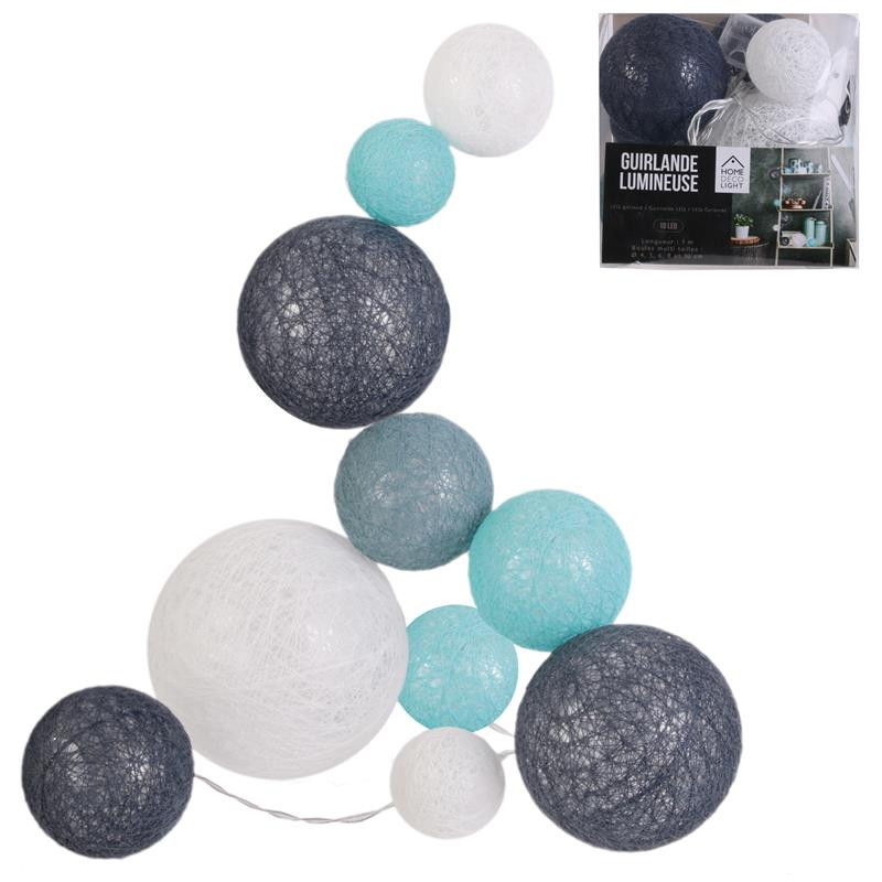 Grossiste guirlande 10 LED aux boules multi-taille bleues, grises et blanches - 100cm