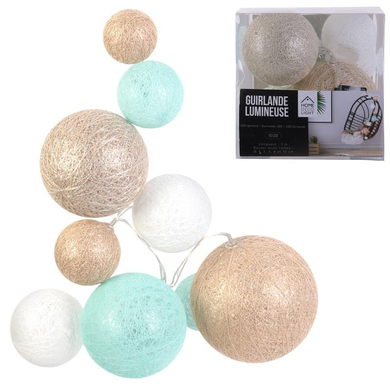 Grossiste guirlande 10 LED aux boules multi-taille bleues, blanches et beiges - 100cm