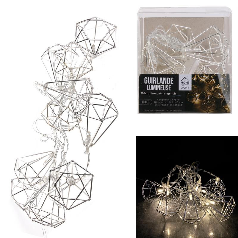 Grossiste guirlande métallique 10 LED en forme de diamant argent