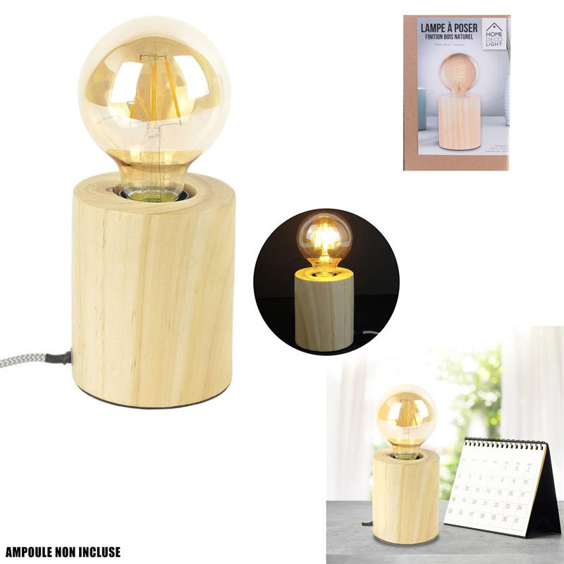 Grossiste lampe à poser cylindrique en bois avec câble gris et blanc
