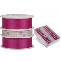 Grossiste présentoir de 43 rouleaux de ruban satiné rose fleurs et cœur