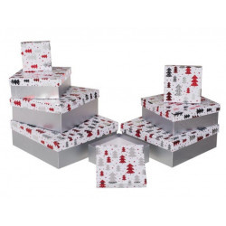 Grossiste lot de 8 boîtes cadeau à motif sapins rouges et argentés