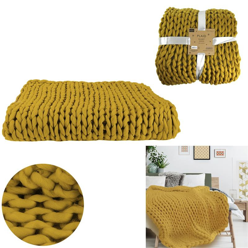 Grossiste plaid grosse maille chunky jaune 120x150cm