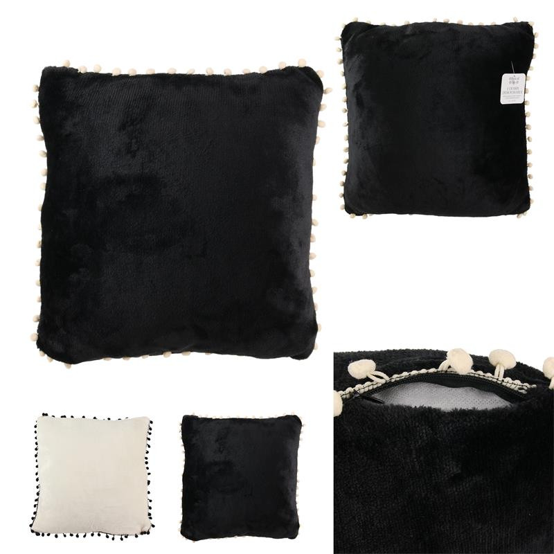 Grossiste coussin avec pompons écrus et noirs 40x40cm