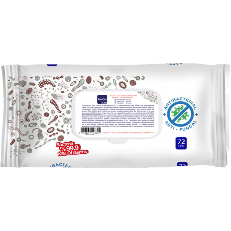 Grossiste Paquet de 72 lingettes virucides, bactéricides et fongicides pour le corps Grossiste Paquet de 72 lingettes virucides, bactéricides et fongicides pour le corps