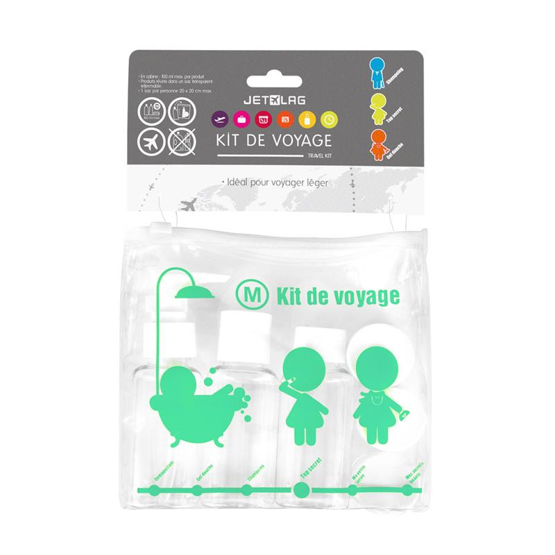 Grossiste. Kit de voyage vert avec 3 flacons et 3 pots