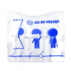 Grossiste. Kit de voyage bleu avec 3 flacons et 3 pots