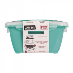 Grossiste. Lunch box turquoise compartimenté à clipser avec 3 couverts