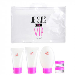Grossiste. Kit de voyage rose avec 3 flacons et 2 pots
