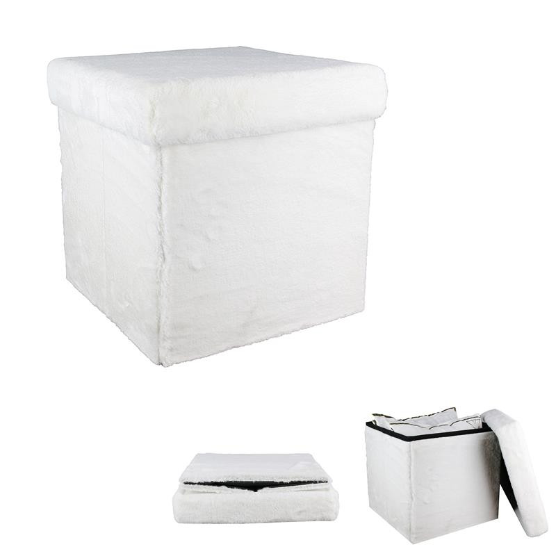 White Faux Fur Storage Ottoman Cube Bench, Faux Leather Cube Storage Ottoman