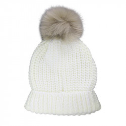 Grossiste. Bonnet avec un gros pompon blanc et beige