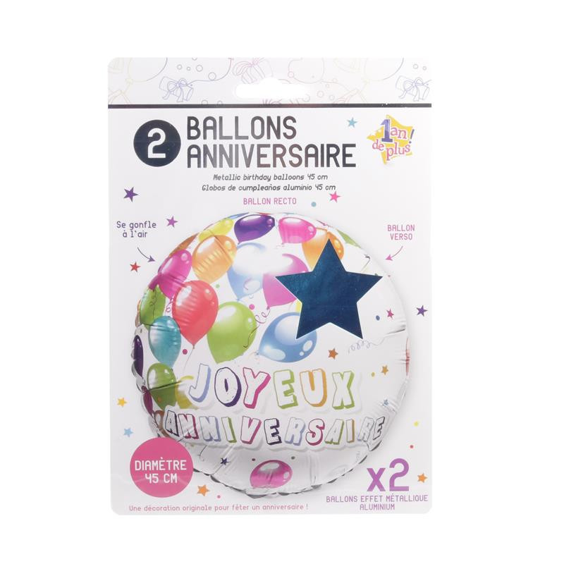 Grossiste. Ballon aluminium modèle « Joyeux anniversaire » x 2