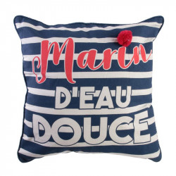 Coussin marin rayé à pompon bleu et blanc.