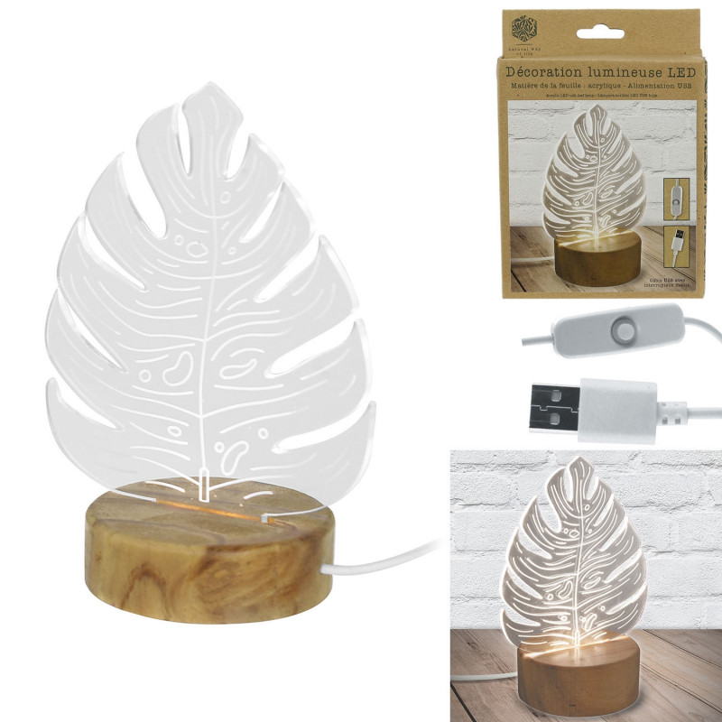 Grossiste. Lampe en acrylique au design feuilles et support en bois Grossiste. Lampe en acrylique au design feuilles et support en bois
